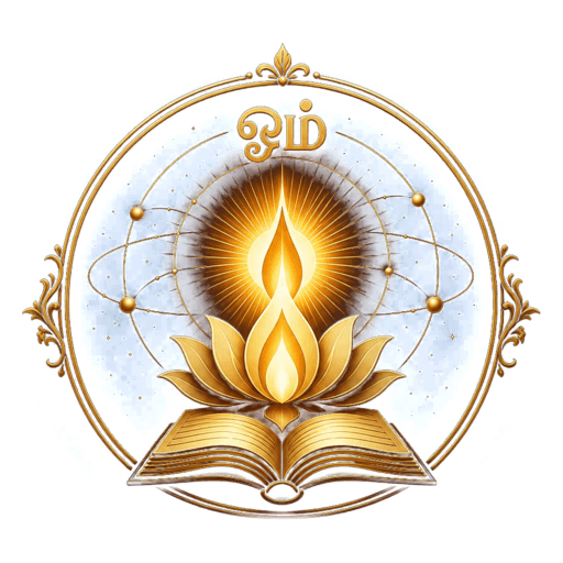 Thiruvarul — a flame rising from a lotus on an open book, ringed by orbital paths and stars